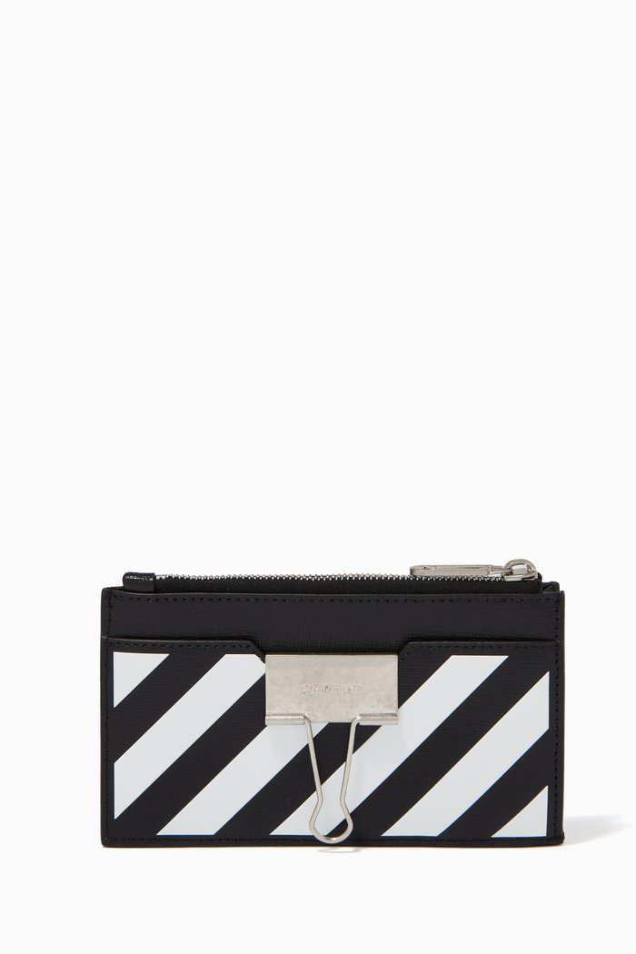 

Diagonal Stripe Card Case in Leather, Black