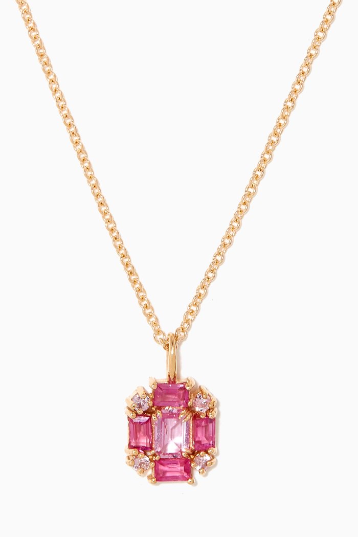 

Pink Power Shield Necklace in 10kt Yellow Gold