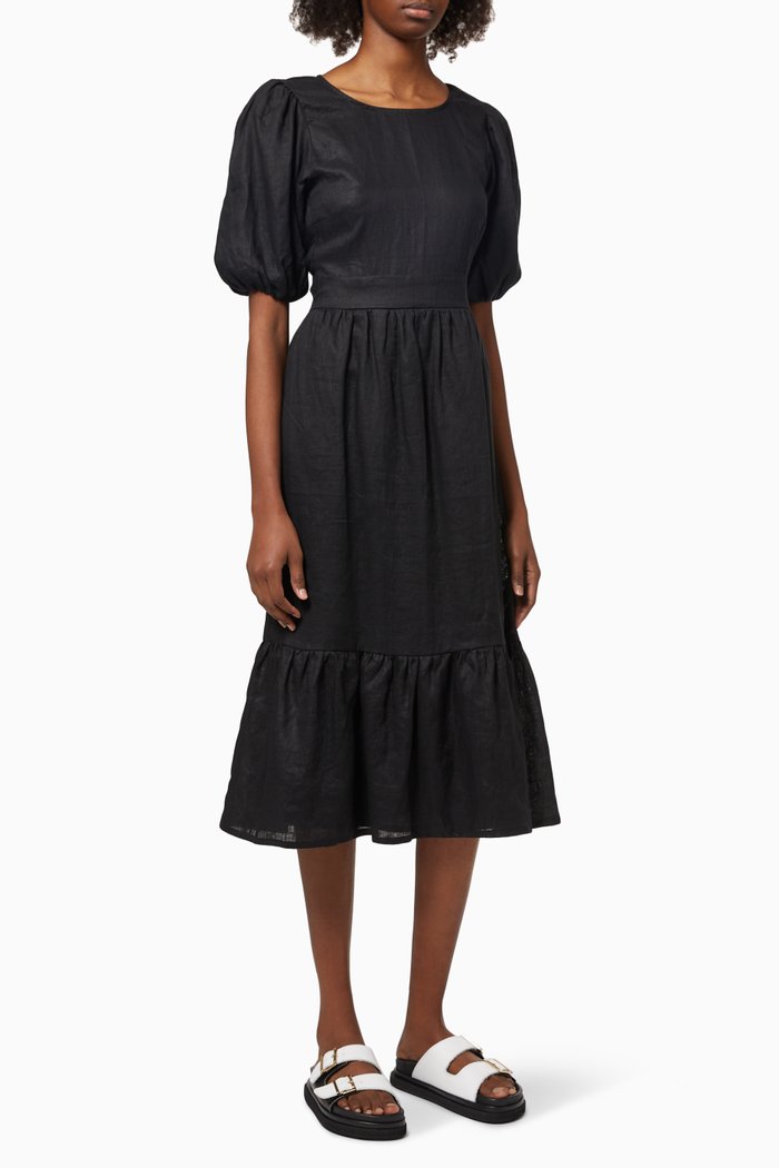 

Janielle Midi Dress in Linen, Black
