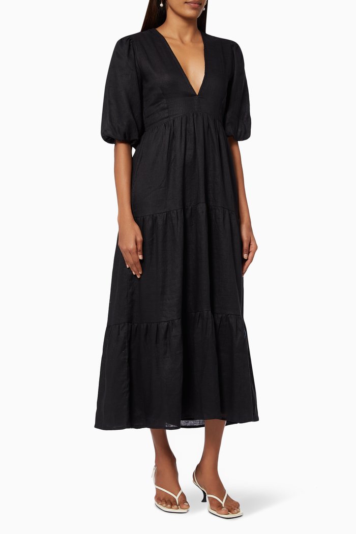 

Aberdeen Midi Dress in Linen, Black