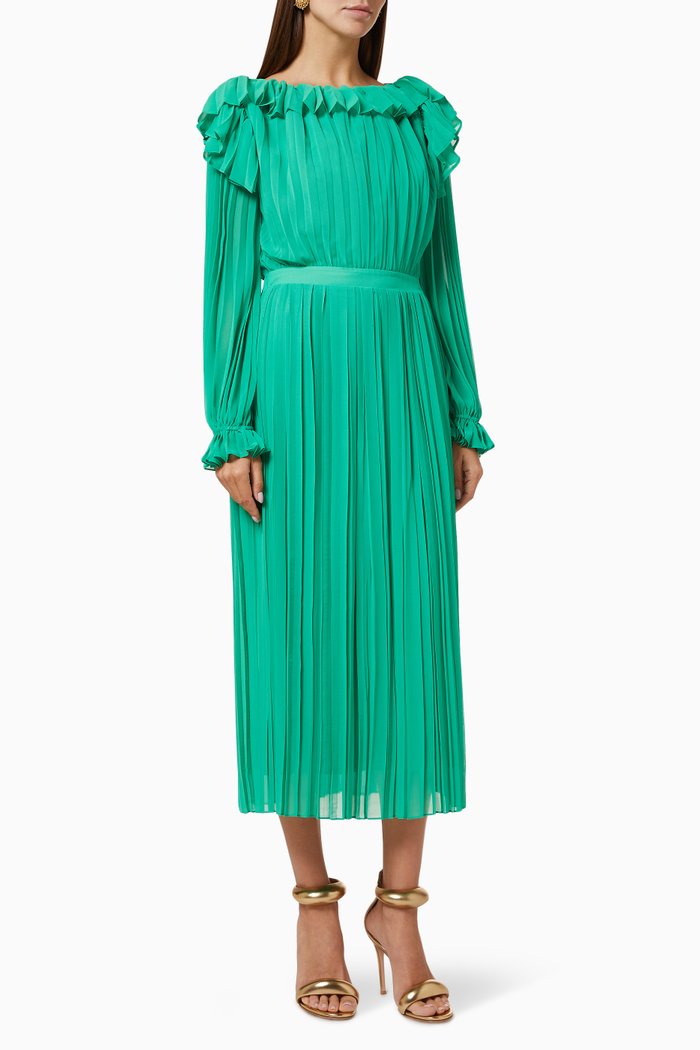 

Pleated Ruffle Dress, Green