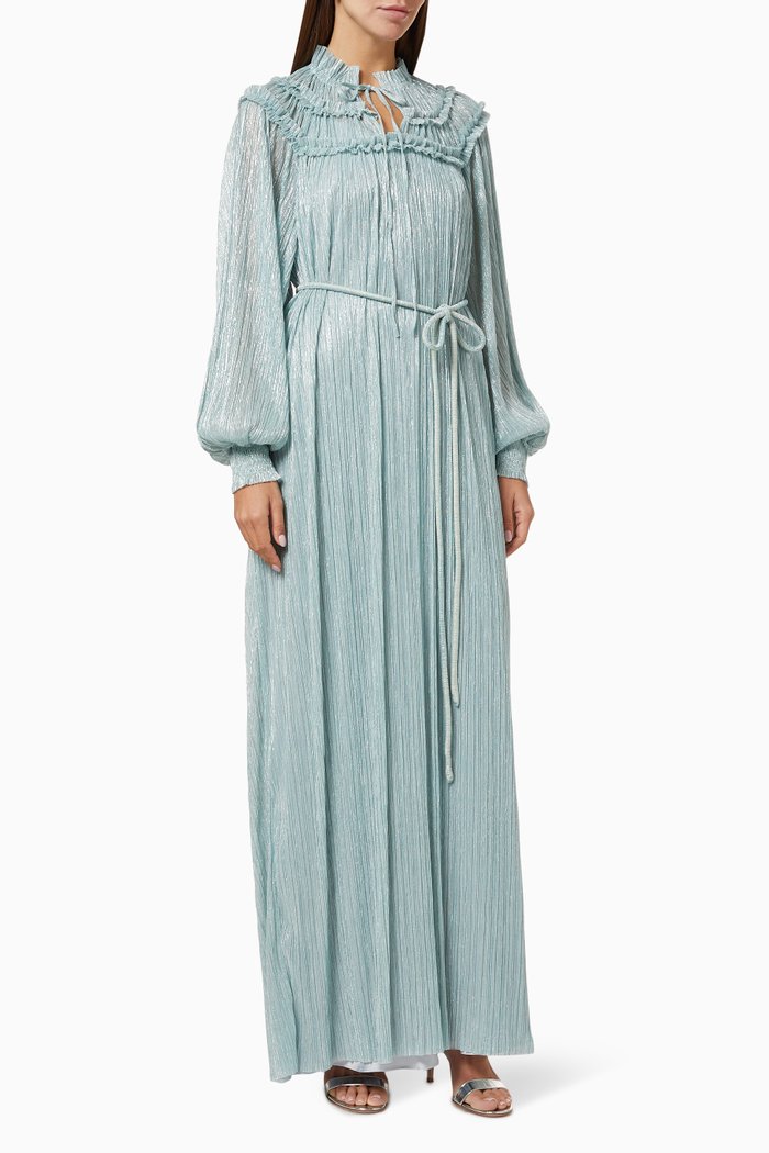 

Metallic Frill Pleated Dress with Belt, Green