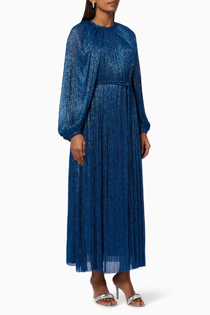 

Metallic Cape Dress with Belt, Blue
