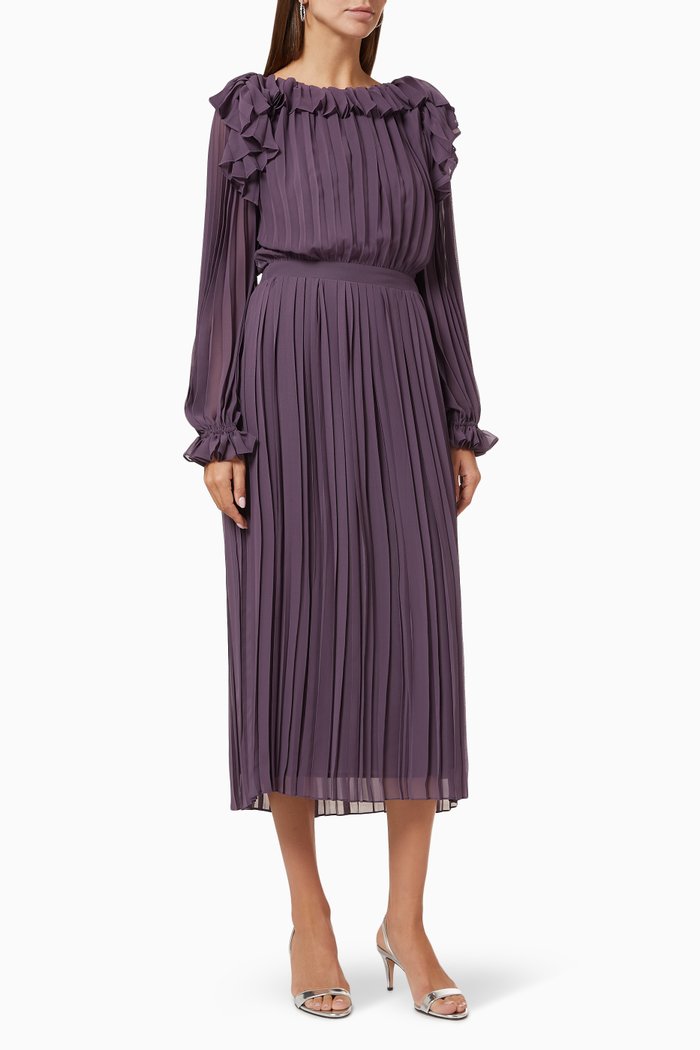 

Pleated Ruffle Dress, Purple