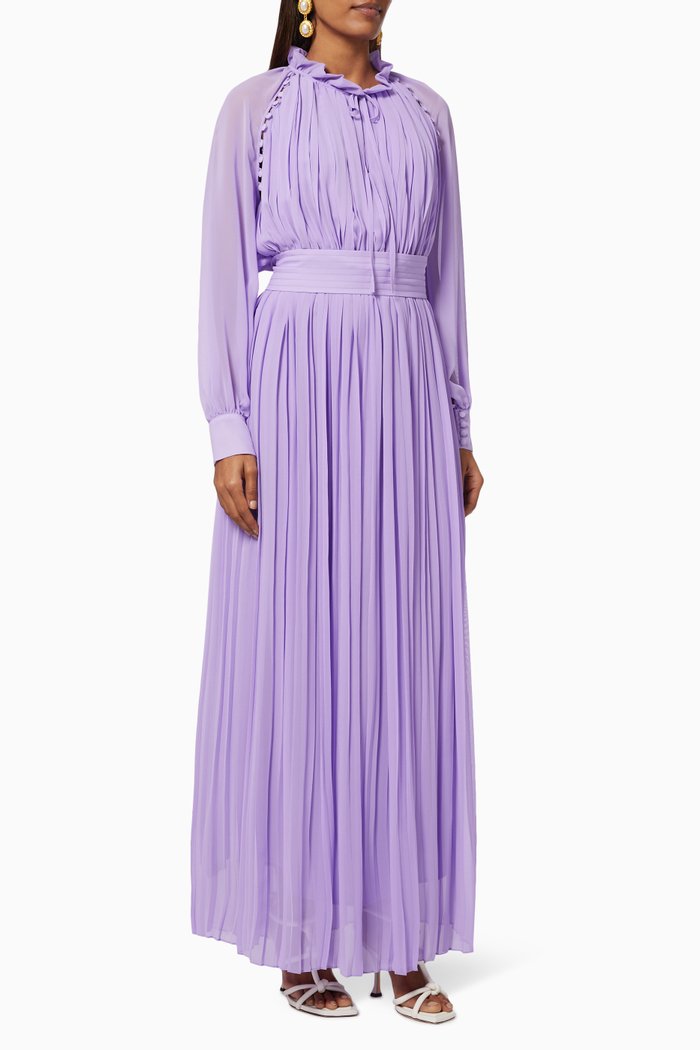 

Button Pleated Dress with Belt, Purple