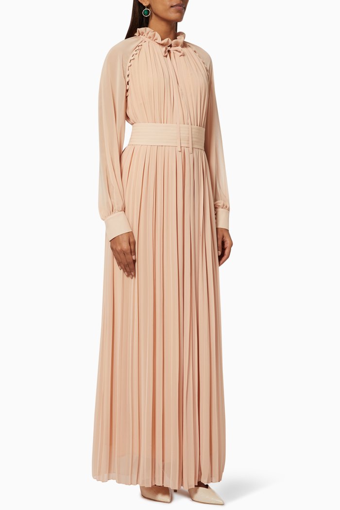 

Button Pleated Dress with Belt, Orange