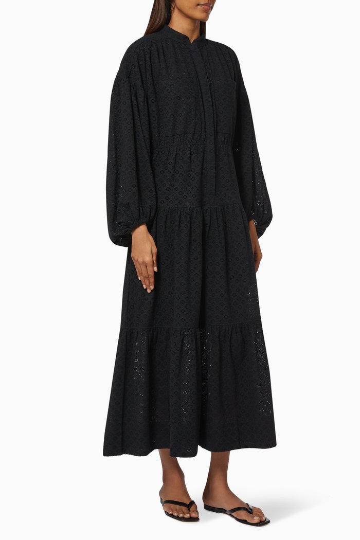 

Poppy Tiered Midi Dress in Cotton, Black