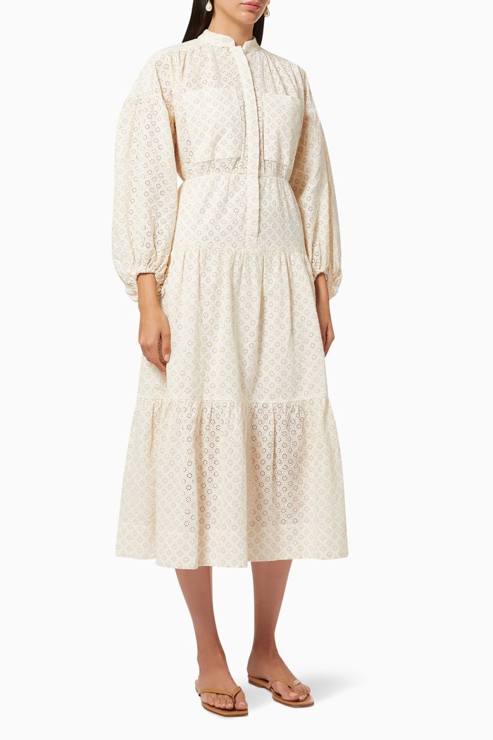 Poppy Tiered Midi Dress in Cotton, Neutral