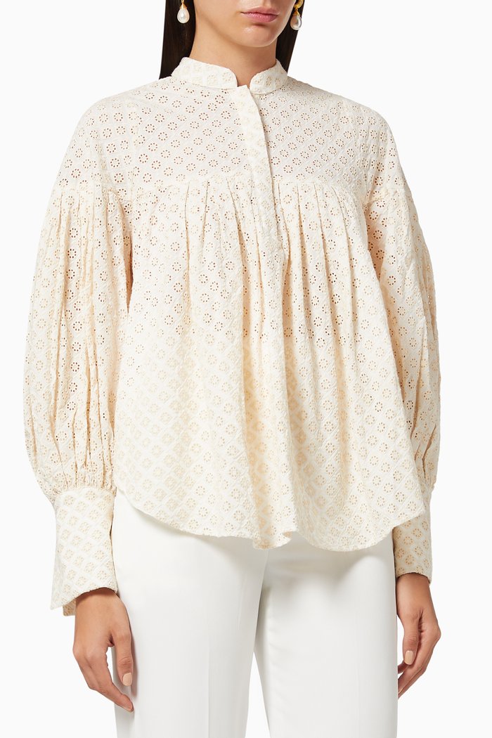 

Poppy Balloon Sleeve Blouse in Cotton, Neutral