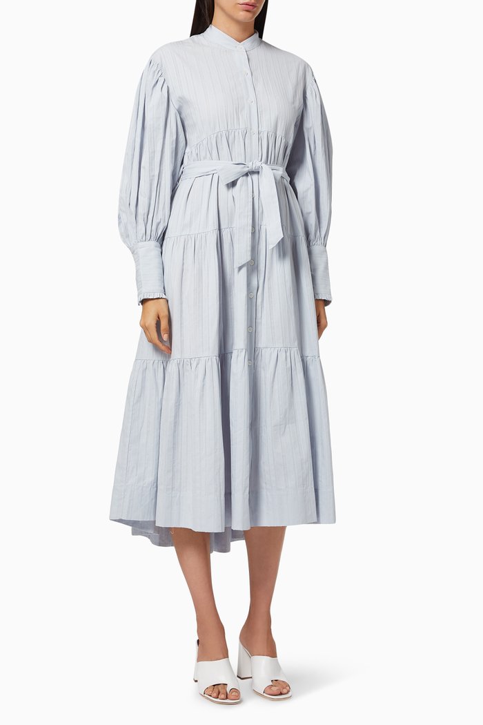 

Ella Balloon Sleeve Shirt Midi Dress in Cotton, Blue