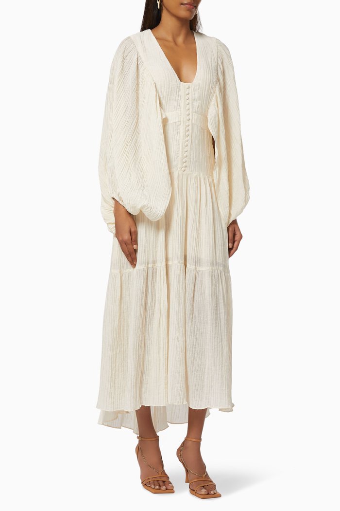 Mila Plunged Tiered Midi Dress in Viscose, Neutral
