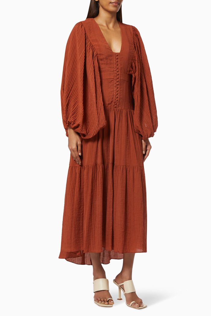 

Mila Plunged Tiered Midi Dress in Viscose, Red