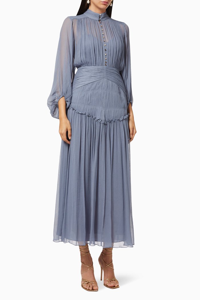 

Kayla Ruched Midi Dress in Chiffon, Blue