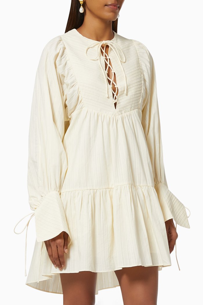 

Ella Pin Tuck Balloon Sleeve Mini Dress in Cotton, Neutral