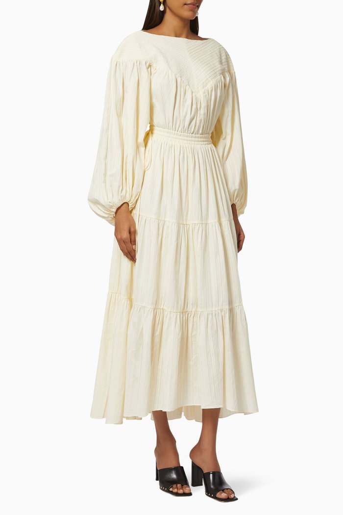 

Ella Pin Tuck Tiered Midi Dress in Cotton, Neutral
