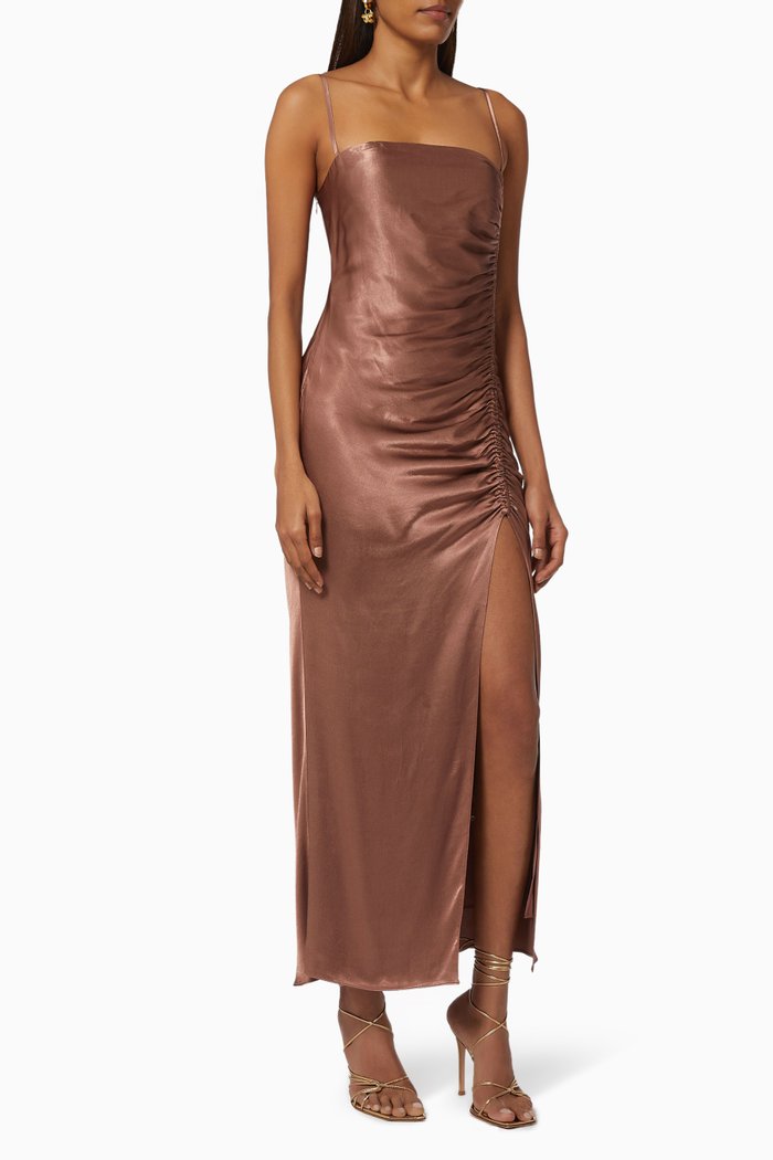 

Lily Bias Ruched Midi Dress in Silk, Brown