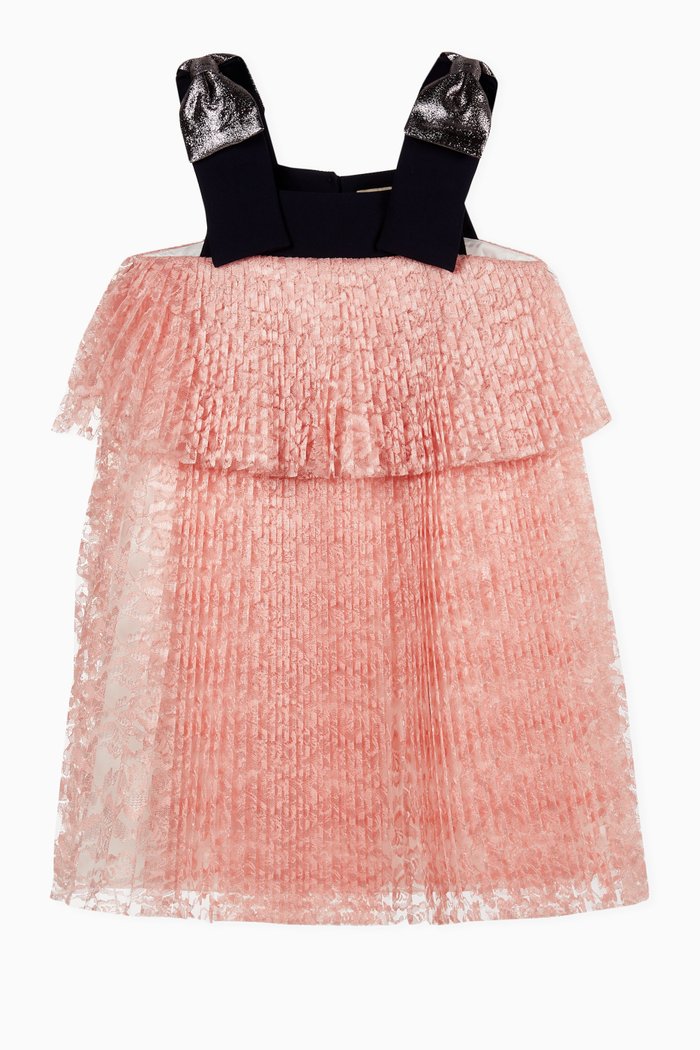 

Tiered Pleated Trapeze Dress in Lace, Pink