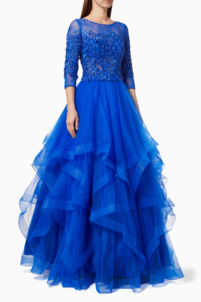 

Tiered Ruffle Gown with Floral Beaded Embroidery, Blue