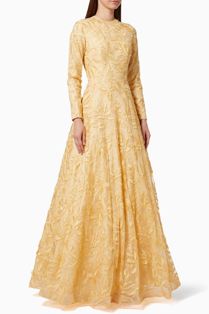 

Long Sleeve Gown with Floral Embroidery, Gold