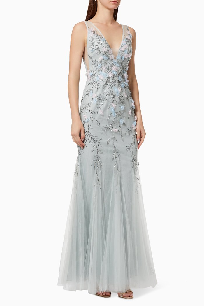 

Long Sleeve Gown with Floral Motif, Grey