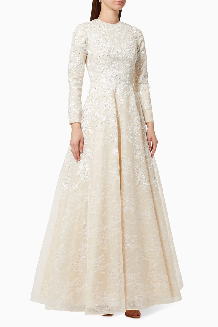 

Long Sleeve Gown with Beaded Embroidery, Neutral