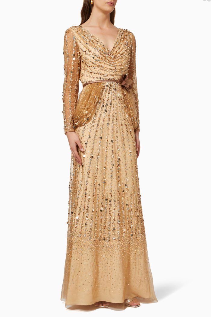 

Long Sleeve Beaded Gown in Tulle, Gold