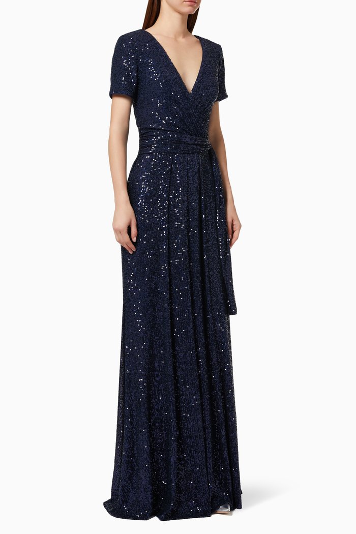 

Short Sleeve Wrap Gown with Sequin Embroidery, Blue