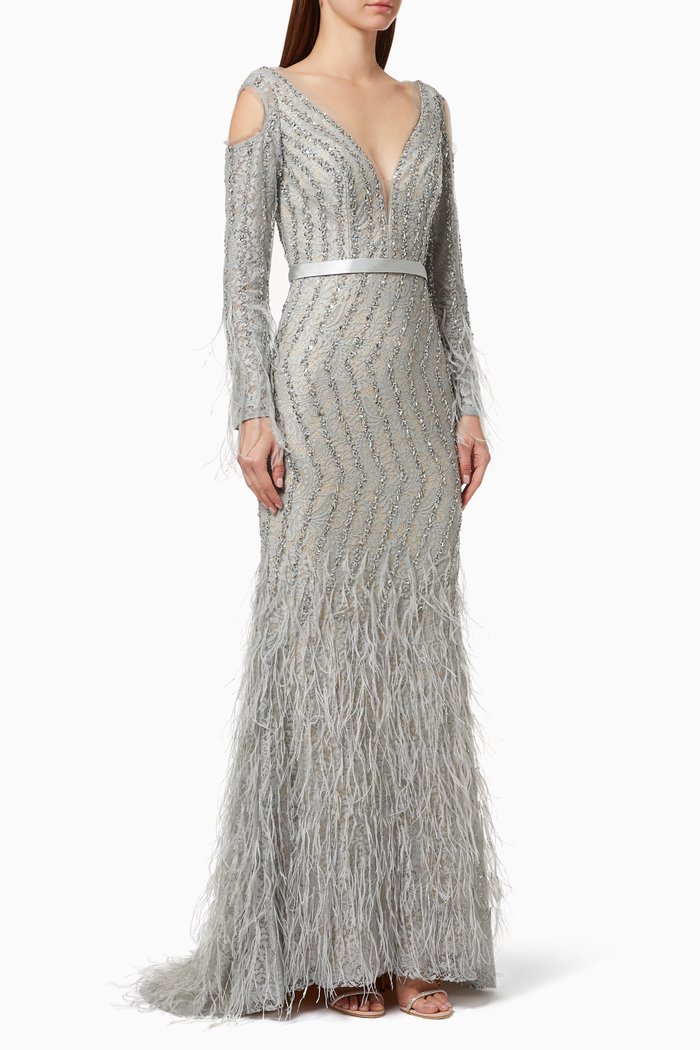 

Long Sleeve Gown with Crystal & Feather Embroidery, Silver
