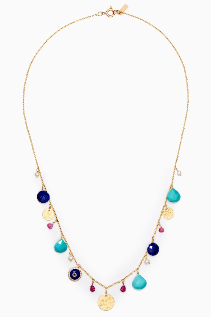 

Turquoise & Lapis Lazuli Drop Necklace with Diamond Eye in 18kt Gold