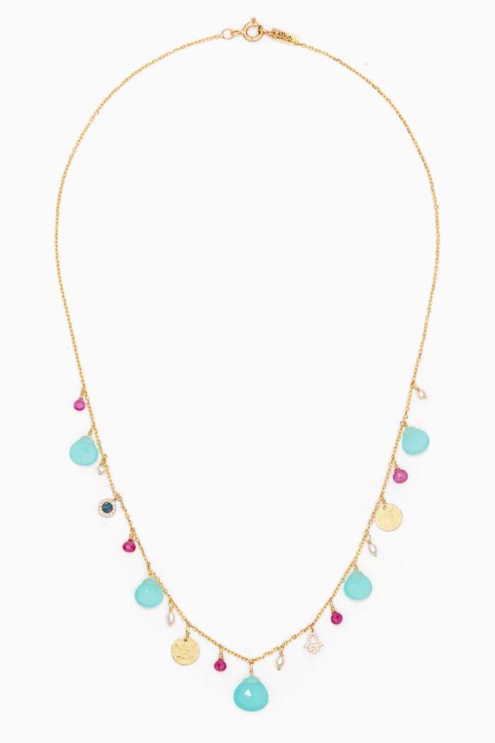 

Chalcedony Drop Necklace with Diamond Charms in 18kt Gold
