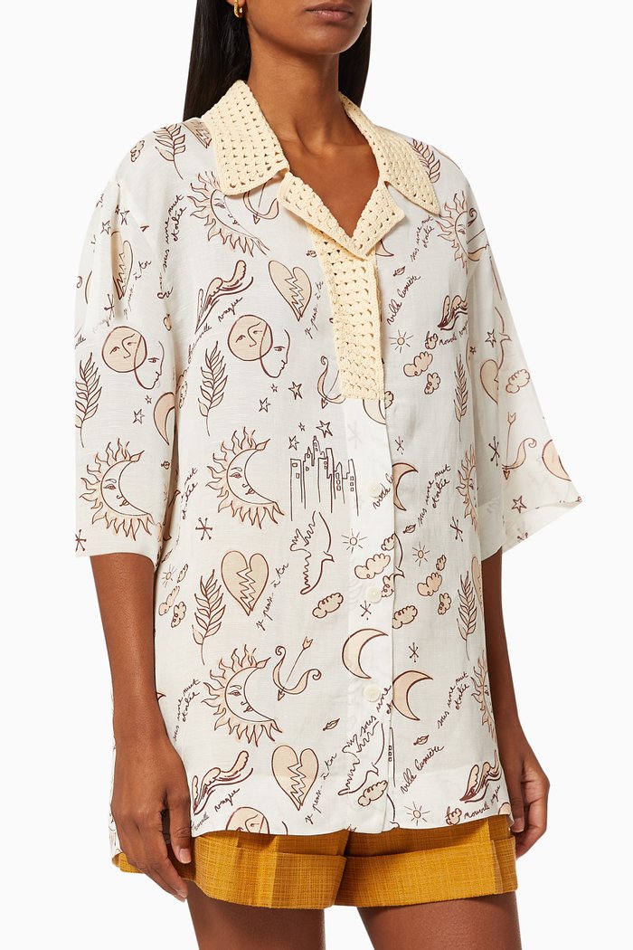 

Crochet Collar Graphic Print Shirt, White