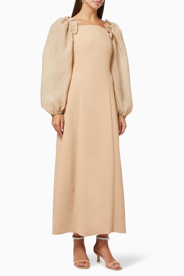 

Textured Puff Sleeve Dress, Neutral