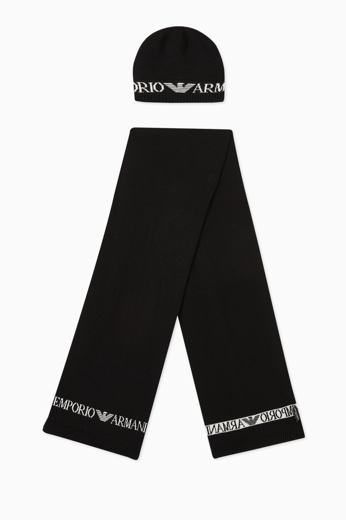 

EA Eagle Scarf & Beanie in Jacquard Knit, Black
