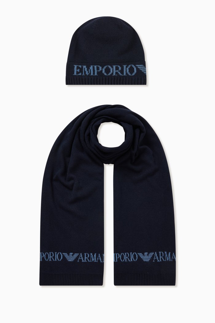 EA Eagle Scarf & Beanie in Jacquard Knit, Blue