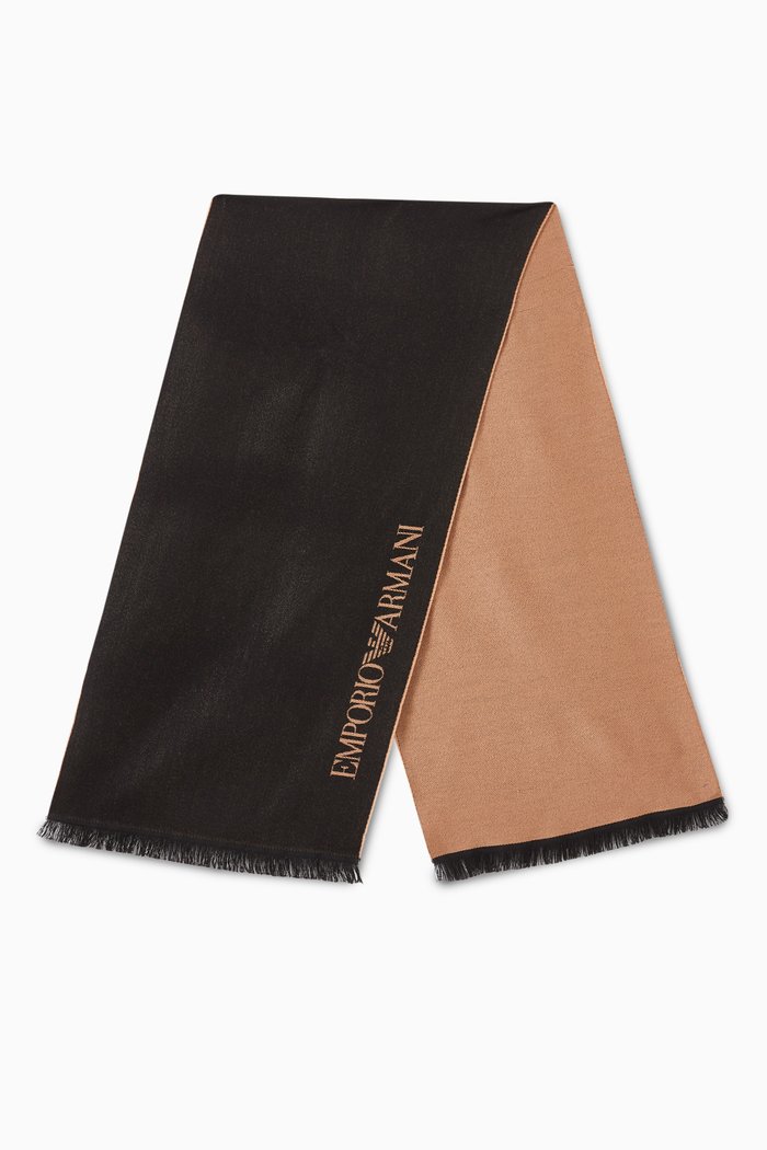 

EA Lettering Fringed Scarf in Wool, Neutral
