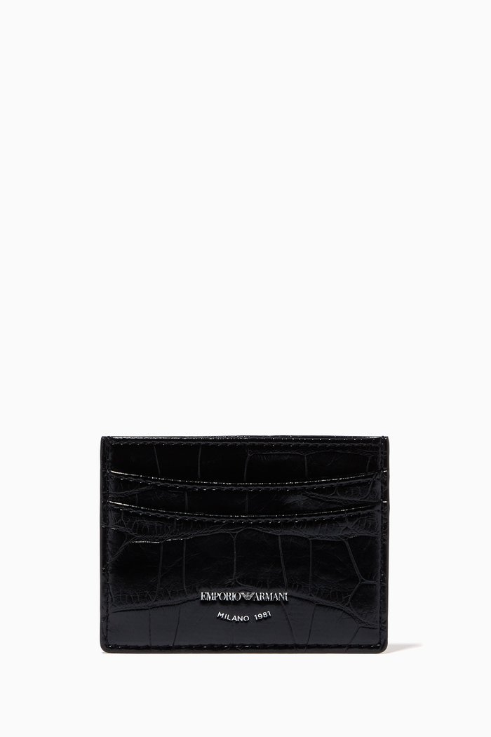 

EA Logo Stamp Card Holder in Croc-Embossed Eco Leather, Black