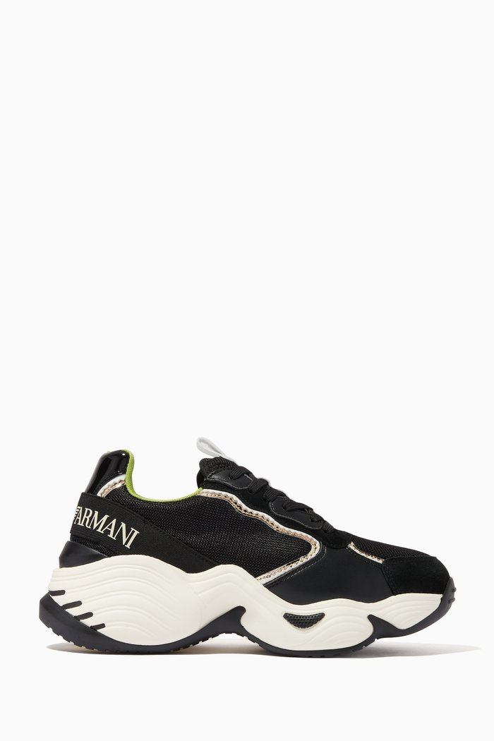 Angel Cube Chunky Sneakers in Faux Leather & Mesh, Black