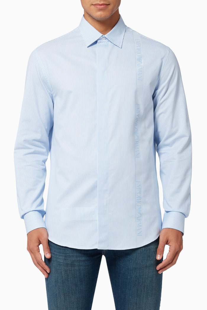 

Striped Logo Tape Shirt in Cotton Jacquard, Blue