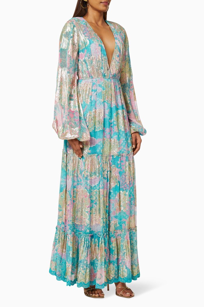 

Zari Ruched Maxi Dress in Chiffon, Blue