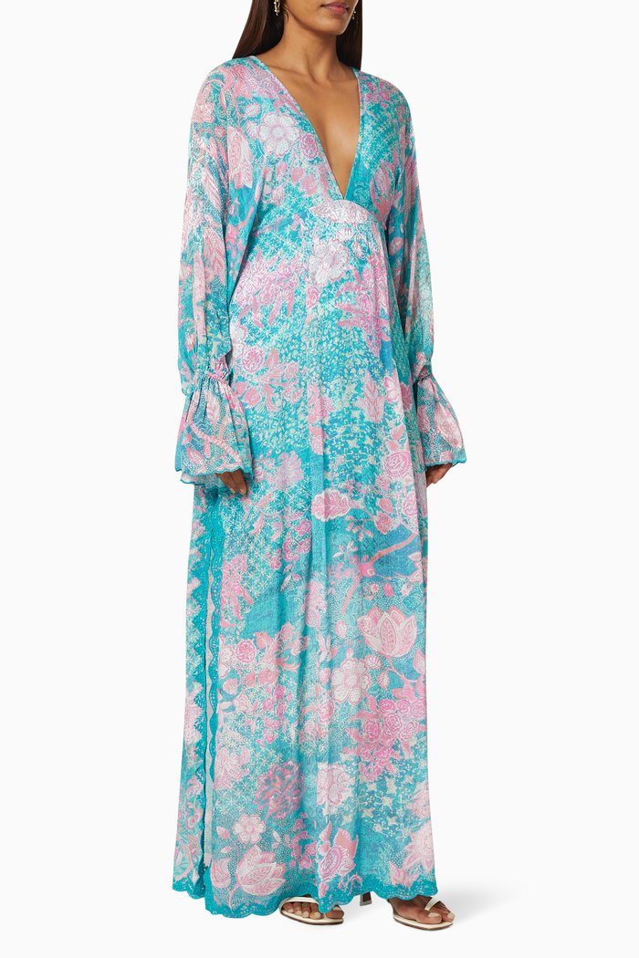 Xari Aztec Maxi Dress in Viscose Crepe, Blue
