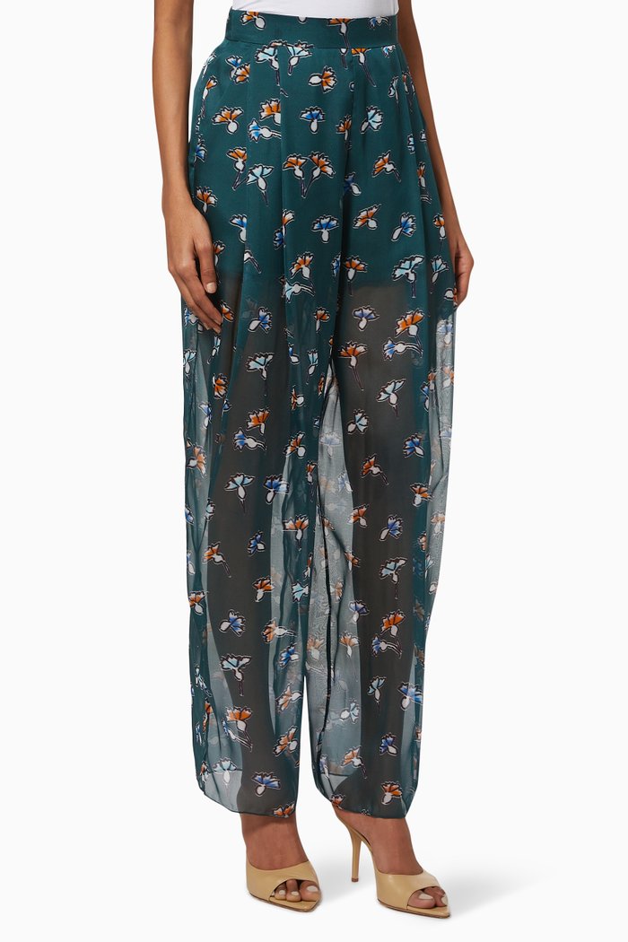 

Ginkgo Flowers Trousers in Silk Chiffon, Green