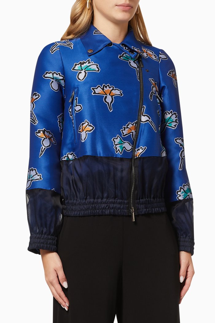 

Ginko Flowers Biker Jacket in Satin, Blue