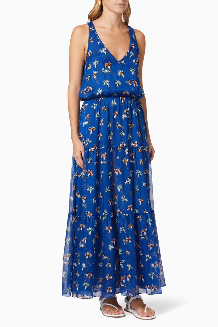

Ginko Flowers Tiered Dress in Silk Chiffon, Blue