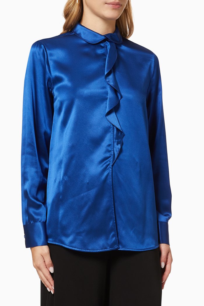 

Ruffle Shirt in Silk Satin, Blue