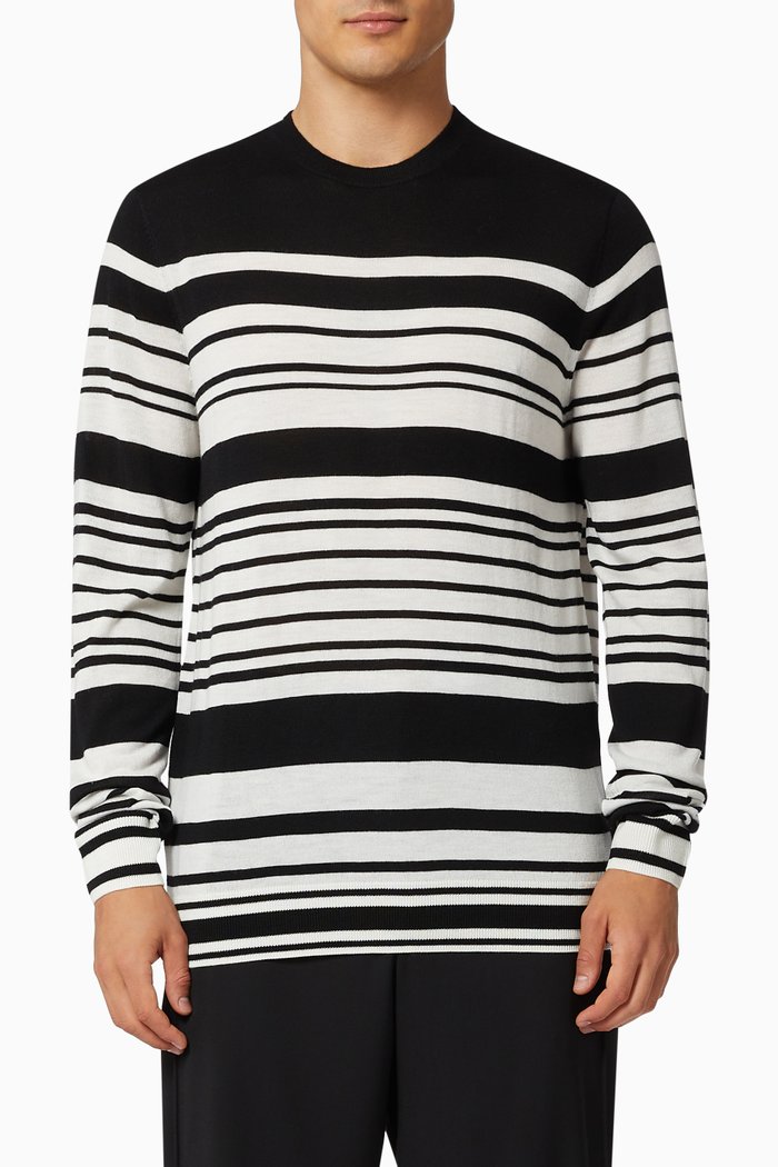 Striped Sweater in Virgin Wool Knit, Black