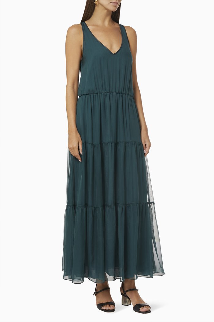 

Flounced Tiered Dress in Silk Chiffon, Green