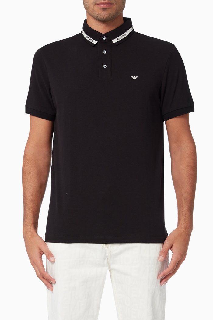 

EA Logo Collar Polo Shirt in Stretch Cotton Piquet, Black