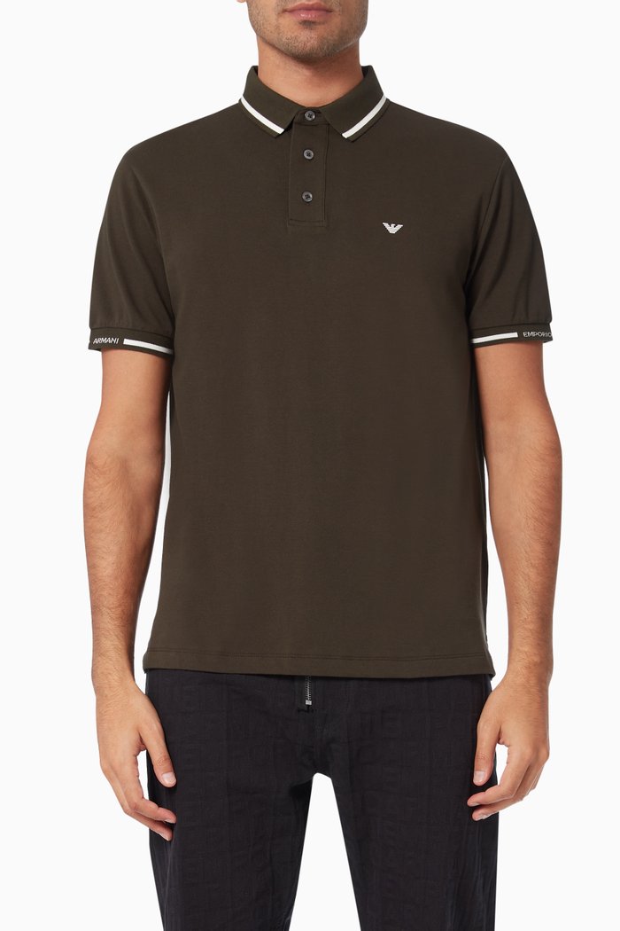 

EA Logo Collar Polo Shirt in Stretch Cotton Piquet, Green