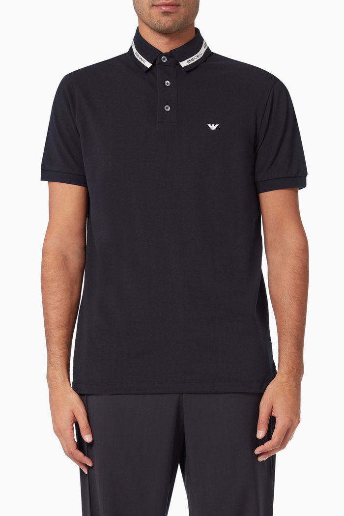 

EA Logo Collar Polo Shirt in Stretch Cotton Piquet, Blue