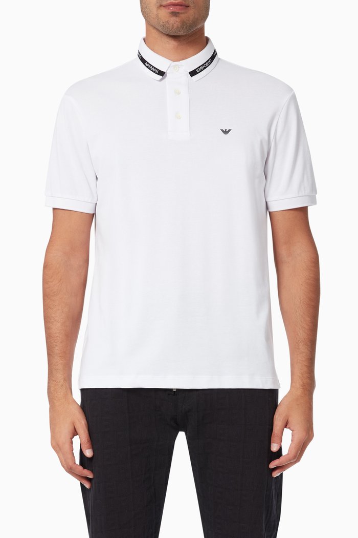 

EA Logo Collar Polo Shirt in Stretch Cotton Piquet, White